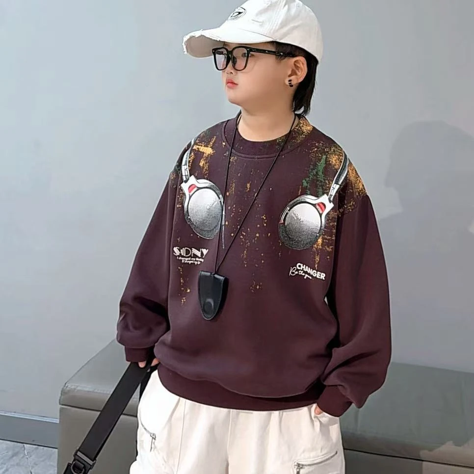 春秋韩版休闲风印花休闲纯色男男童卫衣秋装字母常规中大童长袖