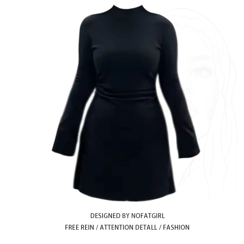 大码胖妹妹人鱼线条高级感法式连衣裙女秋冬季收腰显瘦百搭小黑裙