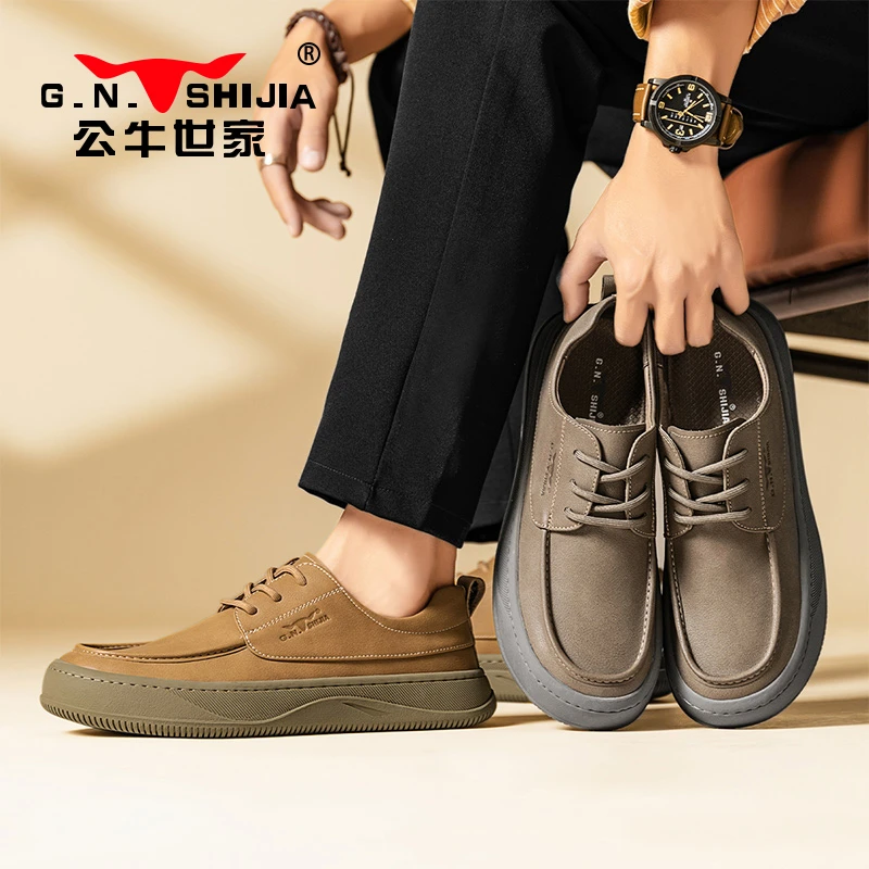 公牛世家男士商务鞋春季新款英伦风软底男士休闲皮鞋复古潮流男鞋