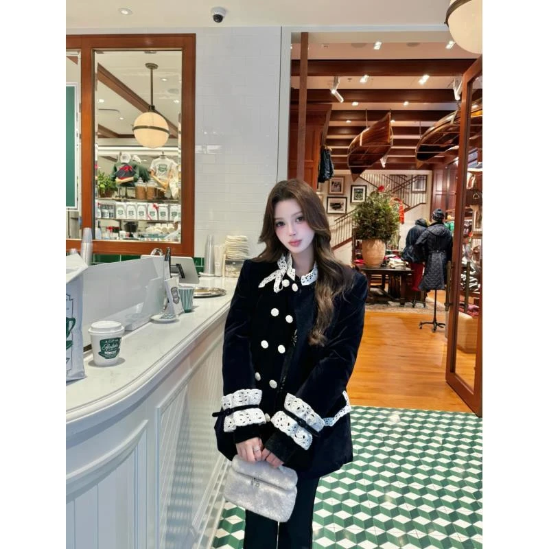 【DÉ MYSTÈRE】复古宫廷风刺绣花边丝绒加厚中长款外套女GZJ68090