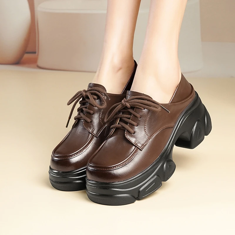 真皮乐福鞋女2025春季新款松糕高跟单鞋厚底英伦风软底系带小皮鞋