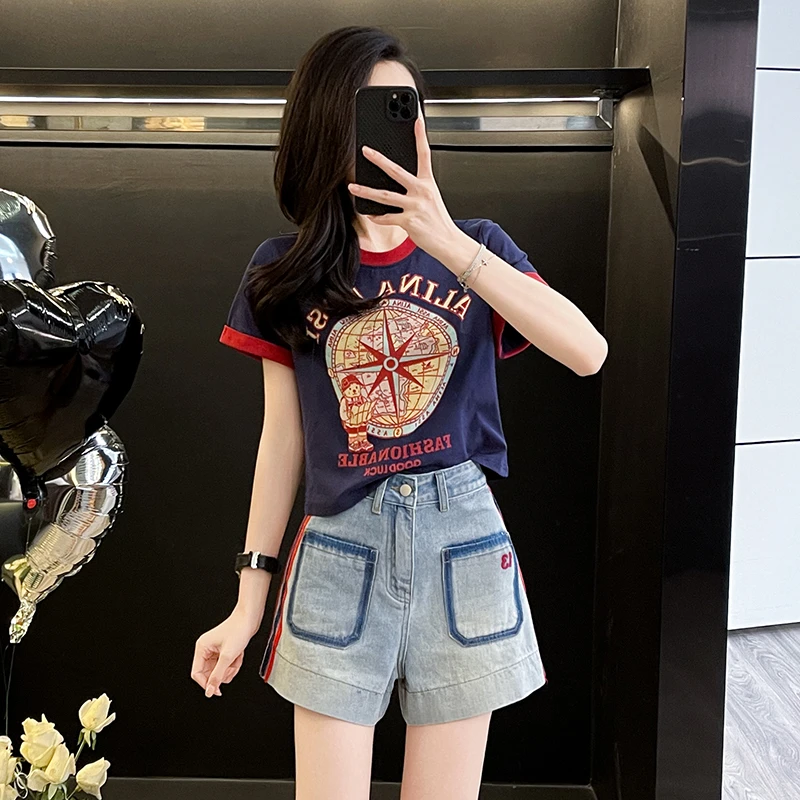 美式辣妹印花短袖T恤女夏2025圆领新款宽松显瘦百搭短款半袖上衣
