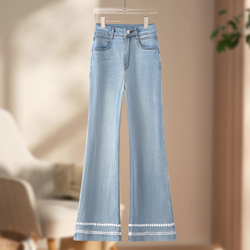 九分微喇牛仔裤女款爆款2025新款夏季薄款蕾丝百搭修身喇叭裤子