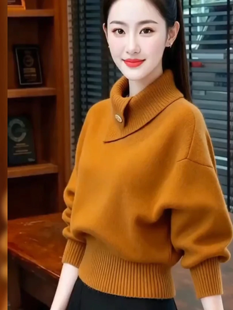 法式橘色翻领套头毛衣女秋冬季新款慵懒风软糯加厚保暖针织衫上衣