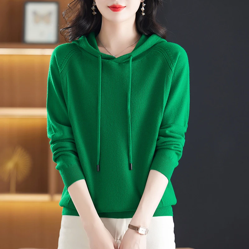 羊毛连帽卫衣女士春秋2025年新款爆款毛衣洋气针织衫上衣宽松帽衫