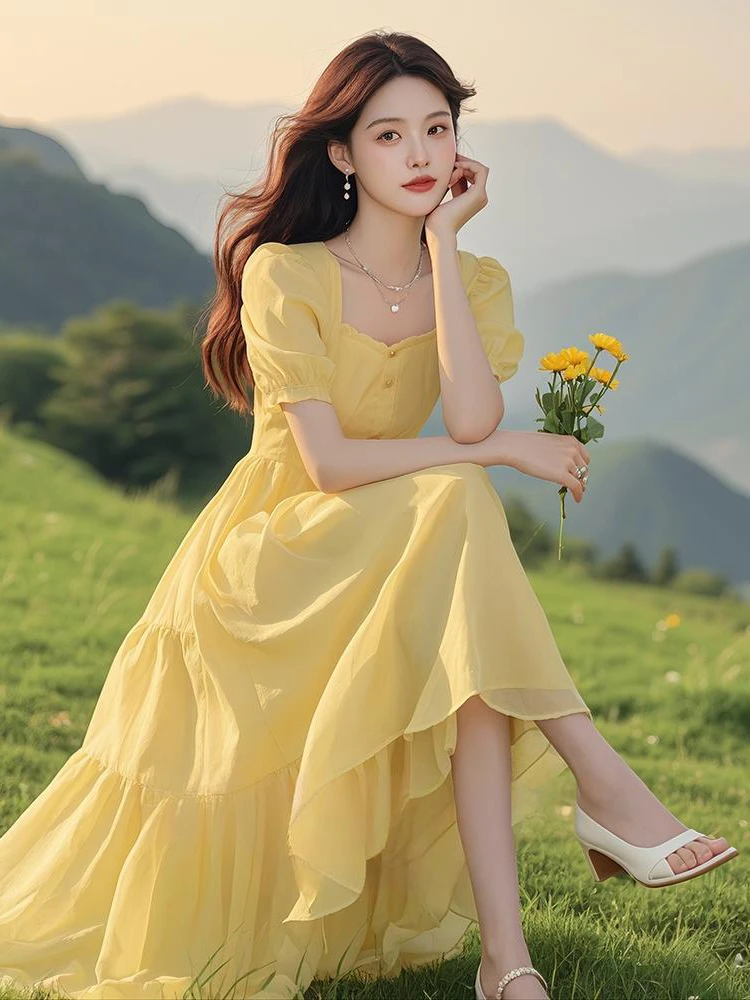 气质独特超好看黄色泡泡袖连衣裙女夏高端气质上流社会温柔风长裙