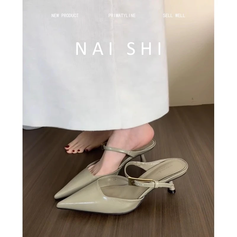 法式尖头高跟鞋细跟气质包头半拖鞋外穿金属扣一字带气质小众单鞋