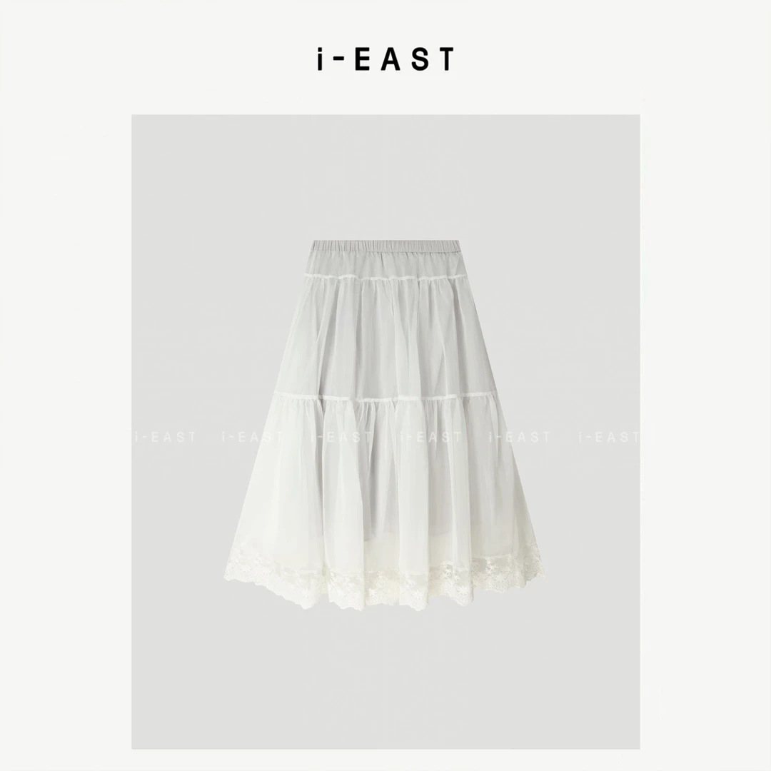i-EAST 西西利亚~下摆蕾丝纱纱松紧腰半身裙-5X Q13579