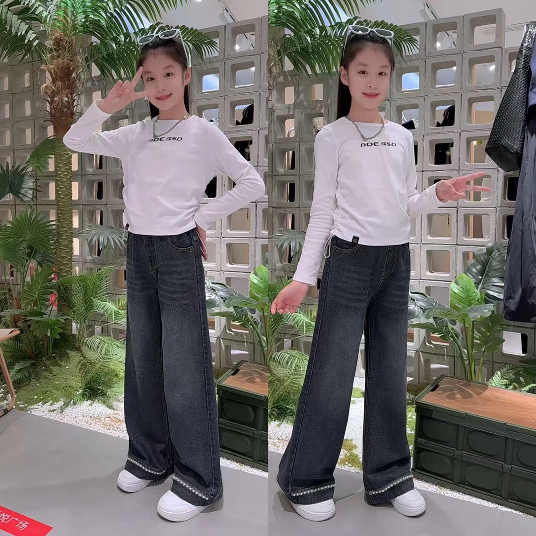 女童春秋款阔腿裤套装儿童长袖上衣牛仔阔腿裤套装休闲百搭中大童
