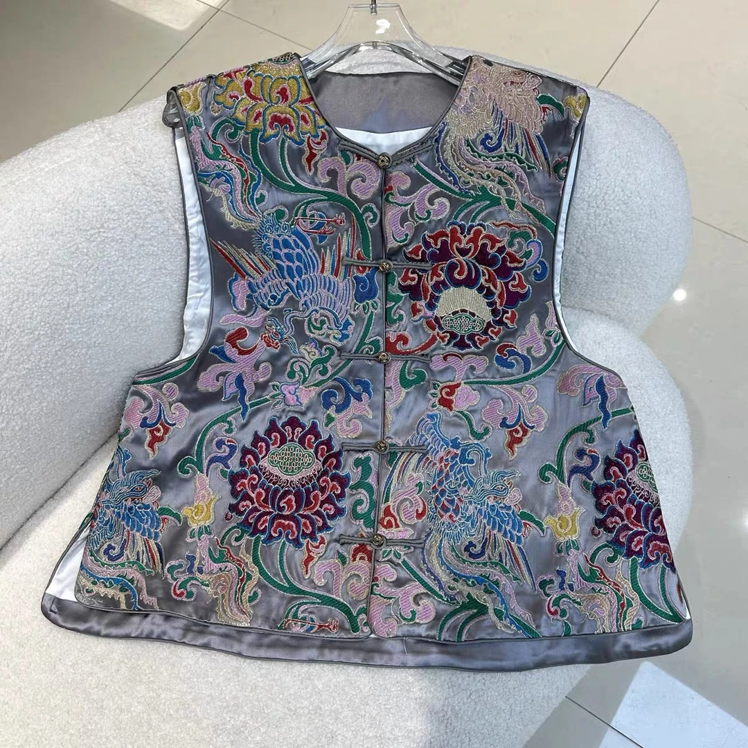 连枝凤凰｜新中式国风刺绣缎面女装马甲2025A308-夕夕