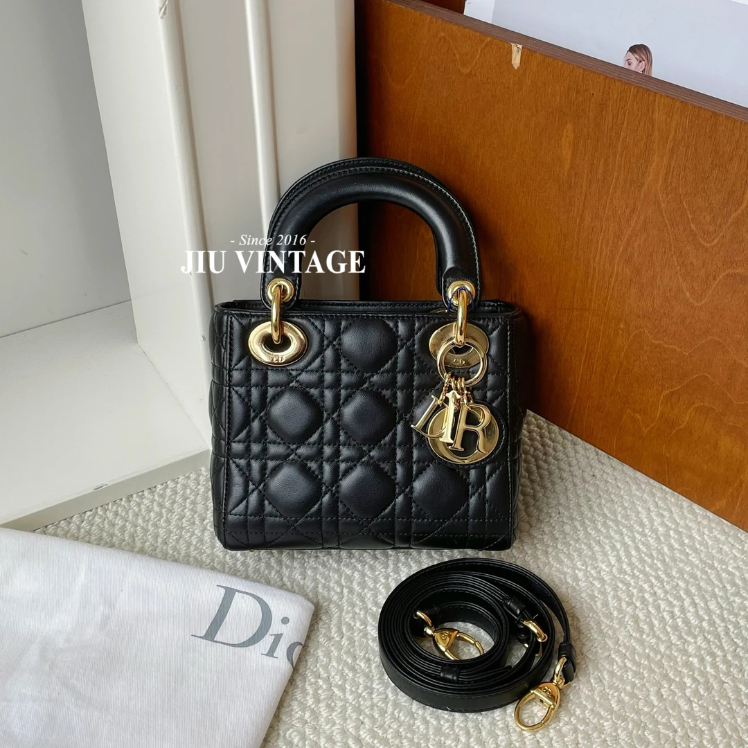 99新 DIOR/迪奥 黑金三格戴妃羊皮肩背包 JM11-1017