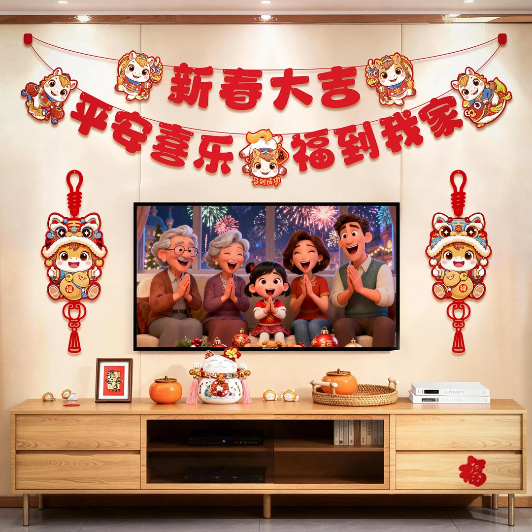 2026马年新年装饰品客厅电视背景墙挂件拉花对联过年春节场景布置