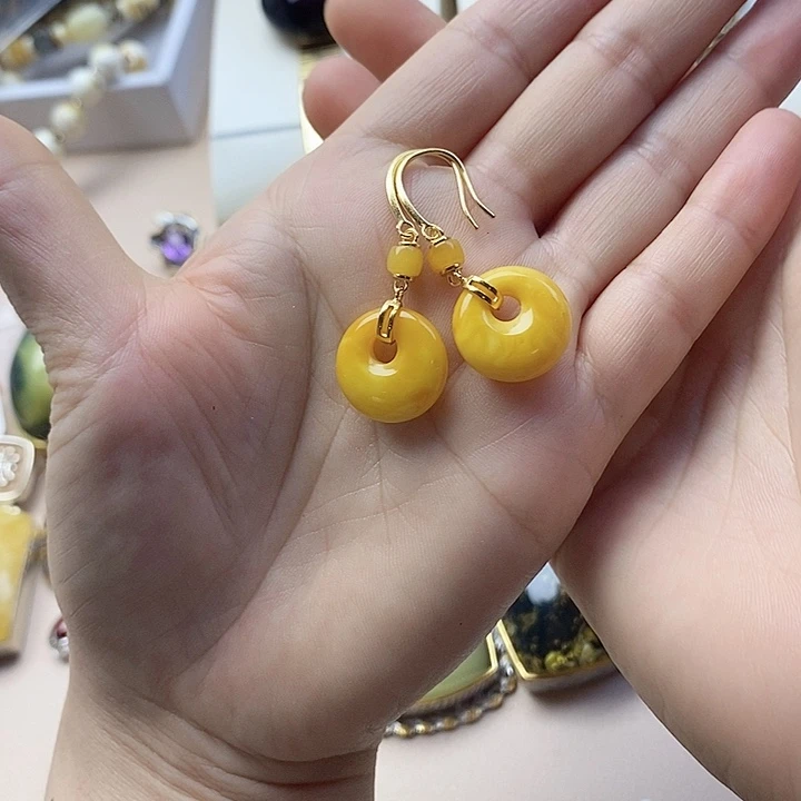 银S925镶嵌蜜蜡耳饰蜜蜡耳钉