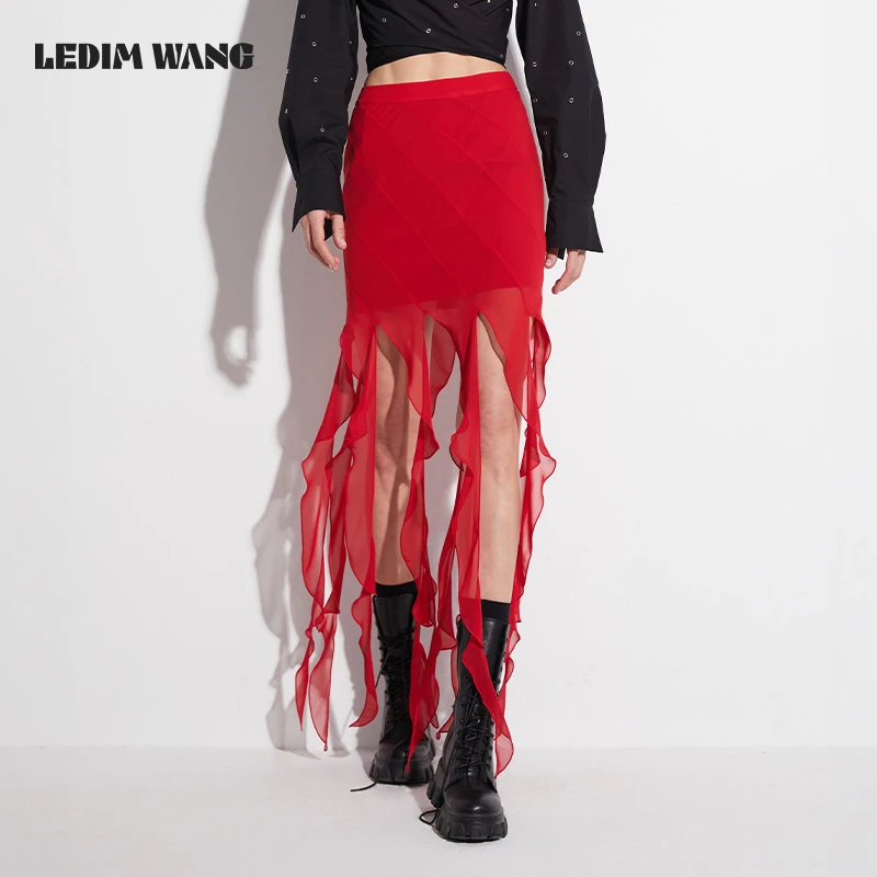 LEDIM WANG【明星同款】白标/荷叶海带半裙女印花不规则半身裙夏