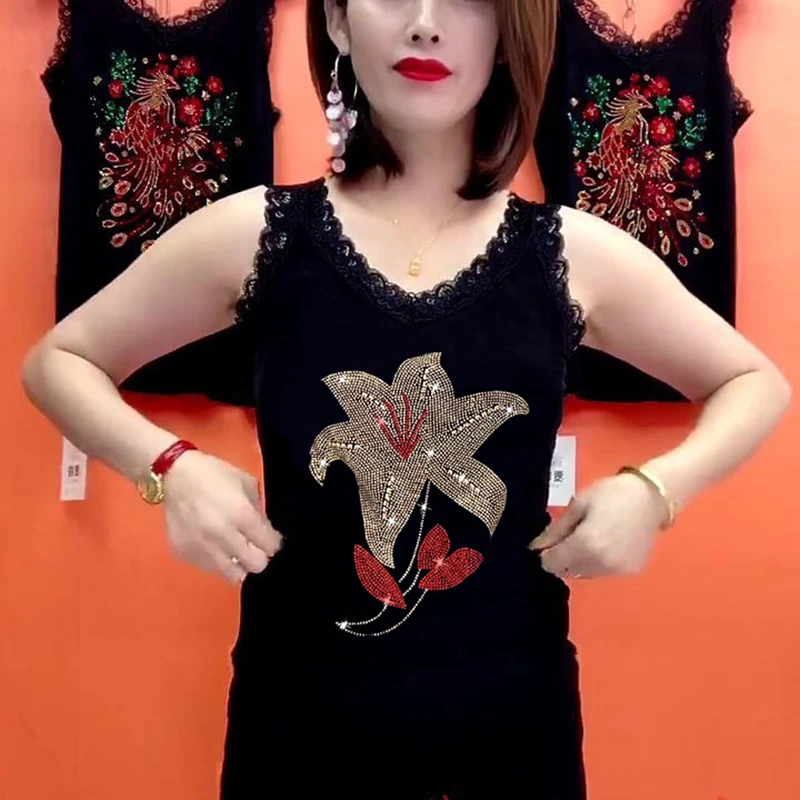 高档打底衫修身显瘦时尚V领蕾丝无袖背心大码遮肚子减龄小衫潮