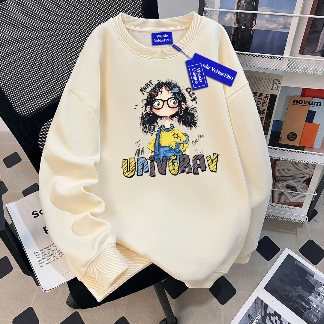 可爱卡通小女孩印花女童秋冬新款圆领卫衣中大童百搭潮流ins上衣