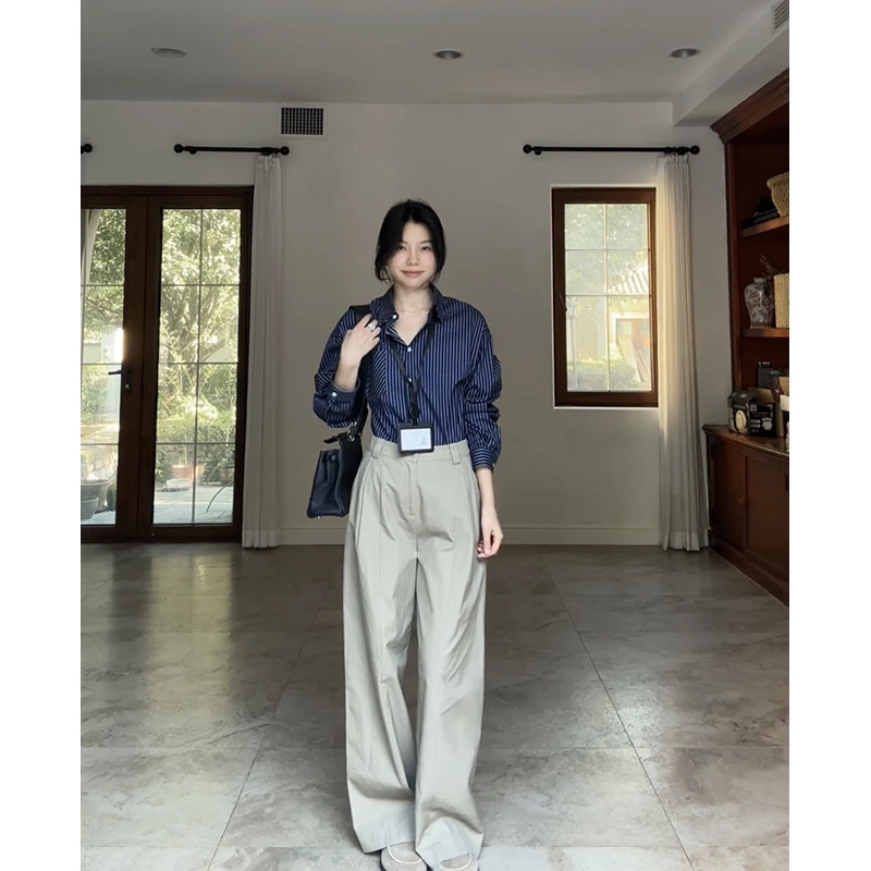 郭九九呢 棉百搭宽松设计感显瘦条纹衬衫直筒阔腿长裤 G925C12732
