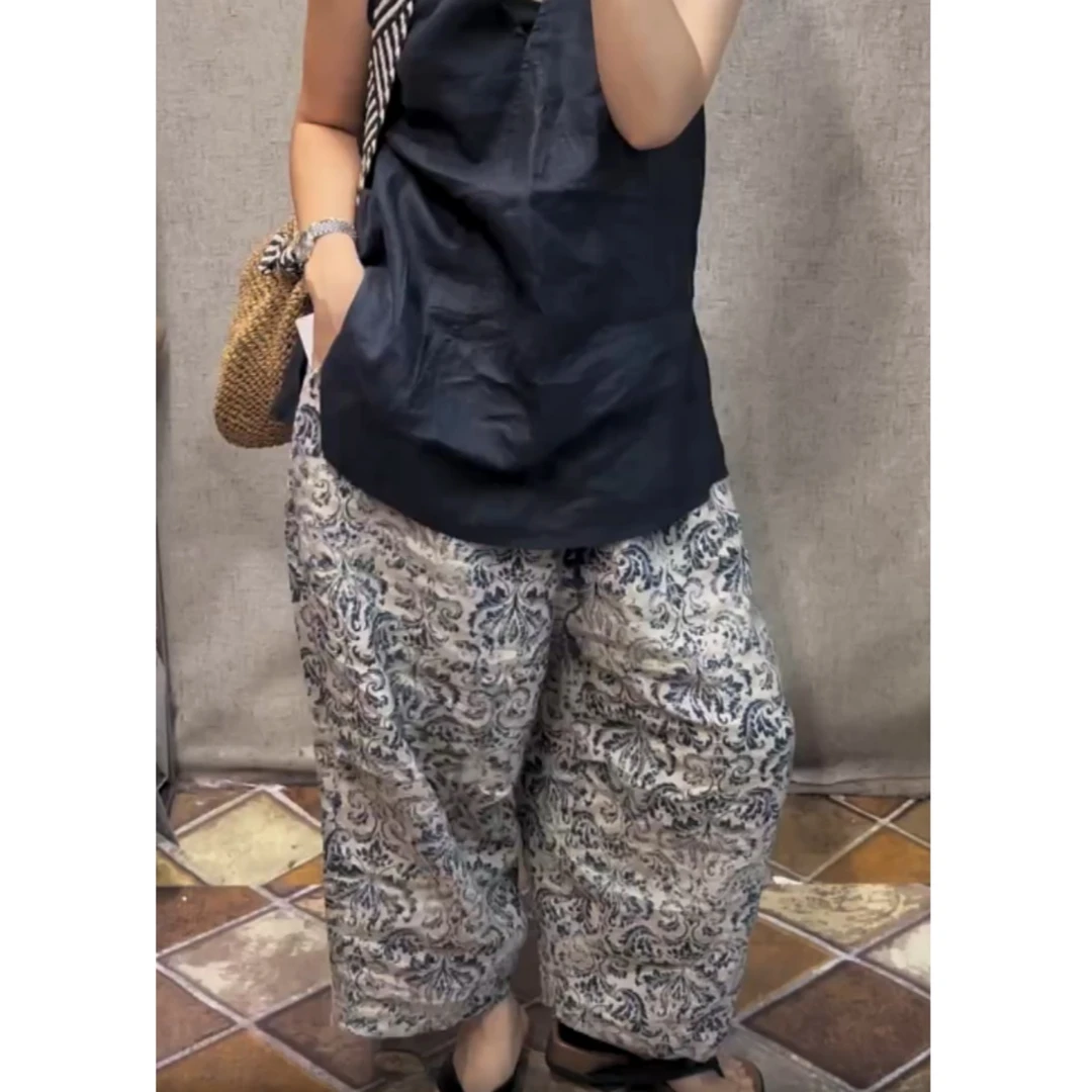 夏季新款高腰显瘦大码时尚休闲亚麻印花垮裤