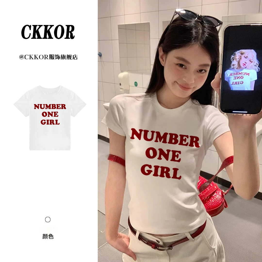 CKKOR美式字母印花显瘦辣妹风正肩短款修身短袖T恤女夏季新款