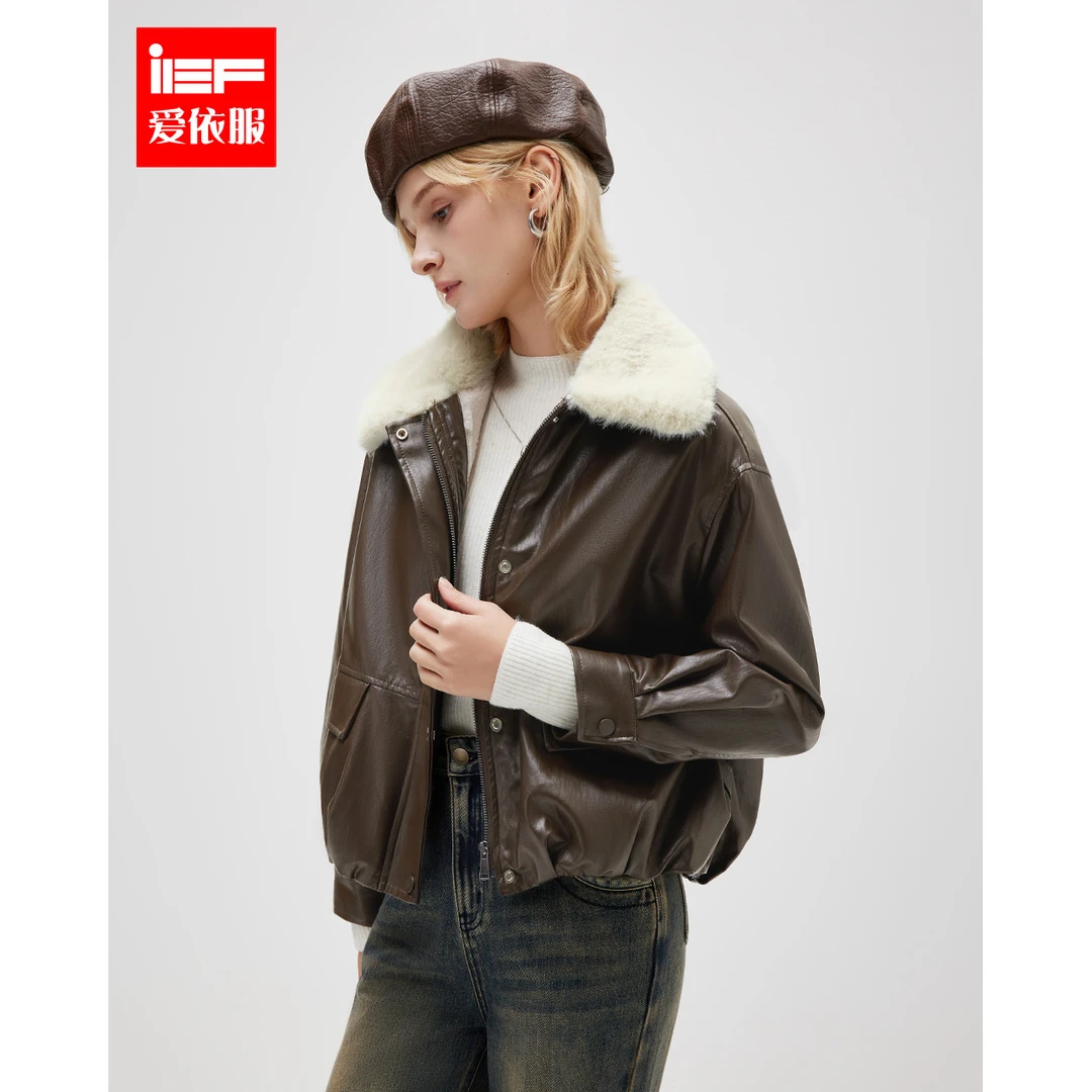 IEF/爱依服2025冬季新款美式潮酷个性通勤百搭加绒保暖亮面皮外套