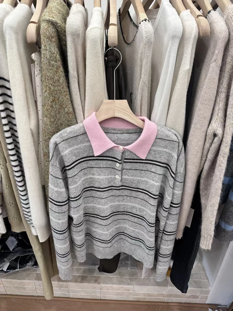 ZHANG&韩系宽松百搭翻领条纹毛衣AP 9443 Hi Fortune