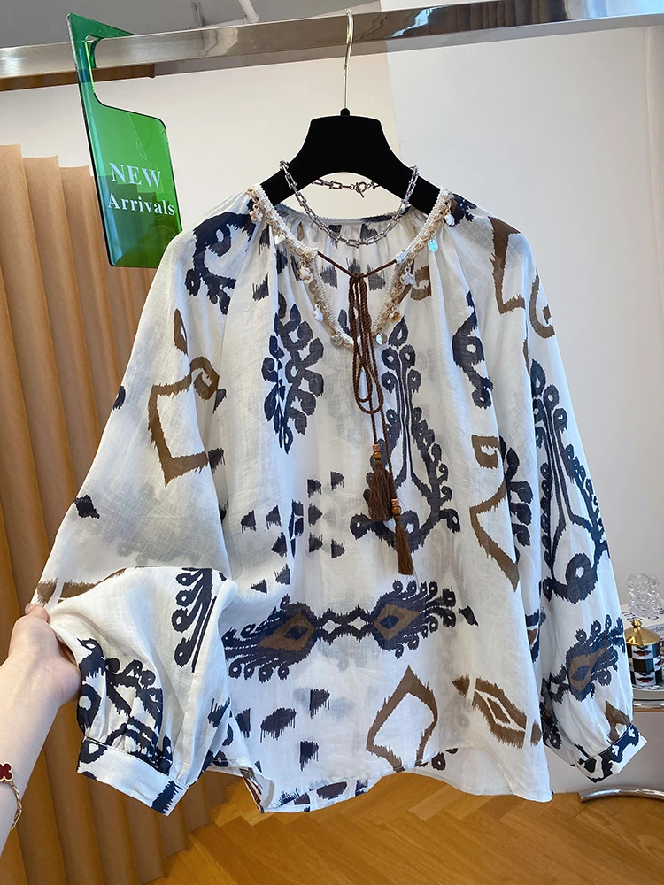 波西米亚度假风衬衫女夏季2025新款宽松薄款棉麻特色长袖防晒上衣