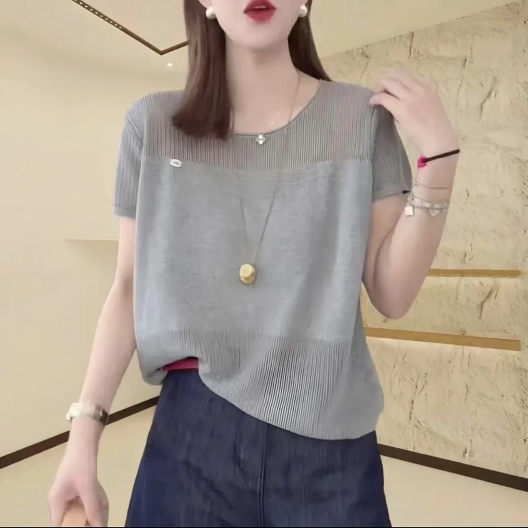 新款夏季女纯色设计感短袖薄款冰丝针织衫正肩宽松显瘦上衣T恤