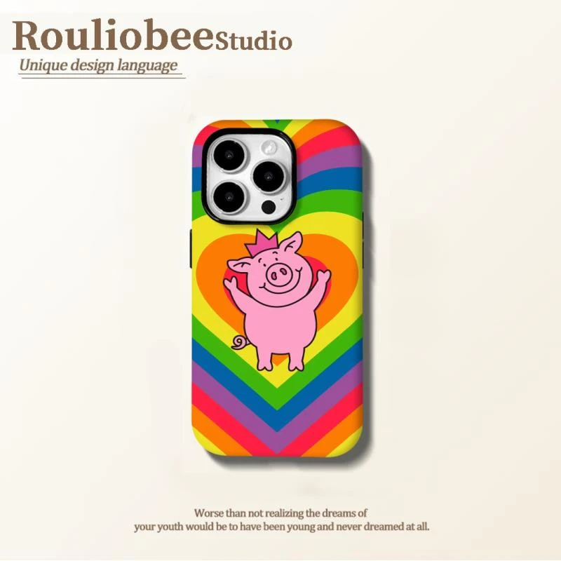 欧克里里彩虹玛莎猪适用苹果15/16菲林手机壳华为P70vivo小米oppo