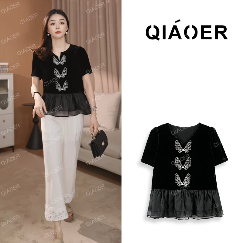乔儿定制【蝶至福来】轻奢重磅桑蚕丝百搭T恤女黑色真丝丝绒上衣薄