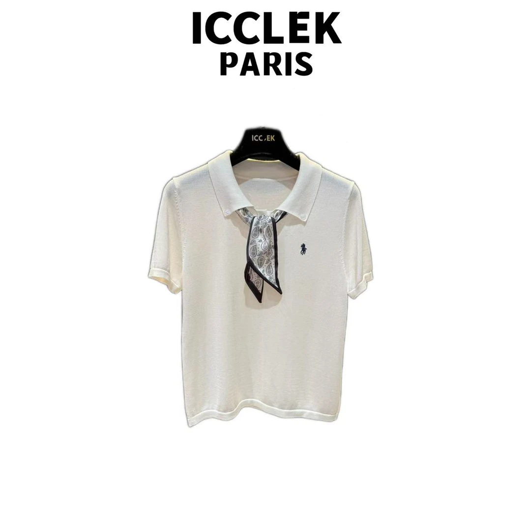 ICCLEK 夏季白色翻领丝巾针织无袖背心百搭时尚减龄气质通勤-5693