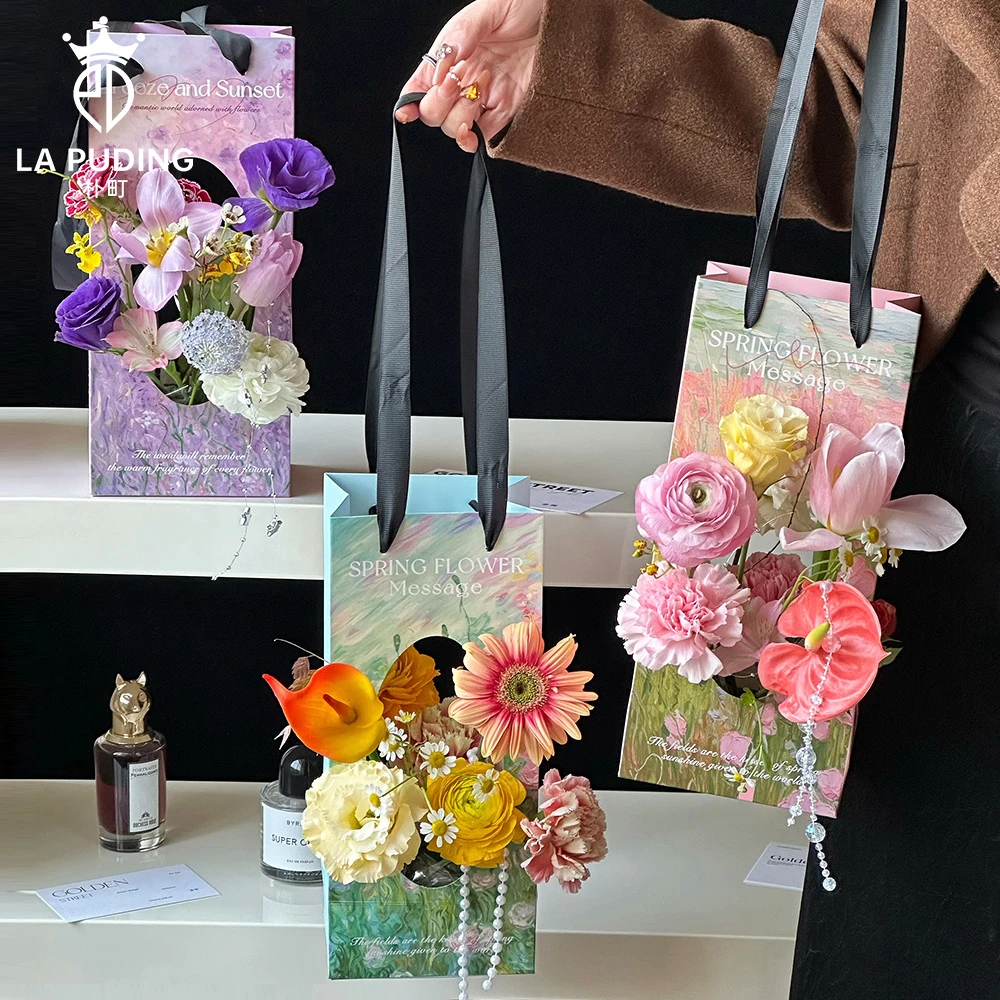 LA朴町 秘密花园花束手提袋手工花艺diy礼物包装材料清新油画印花