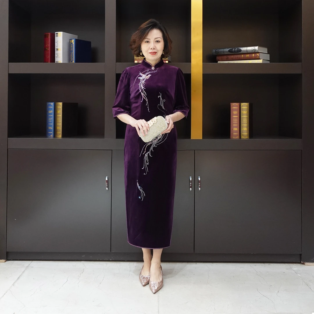 YINGDAK/应大紫罗兰色七分袖秋冬新中式旗袍裙喜婆婆喜妈妈场合装