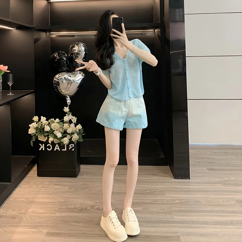 欧货时尚休闲运动套装女夏新款洋气减龄小个子短袖针织短裤两件套