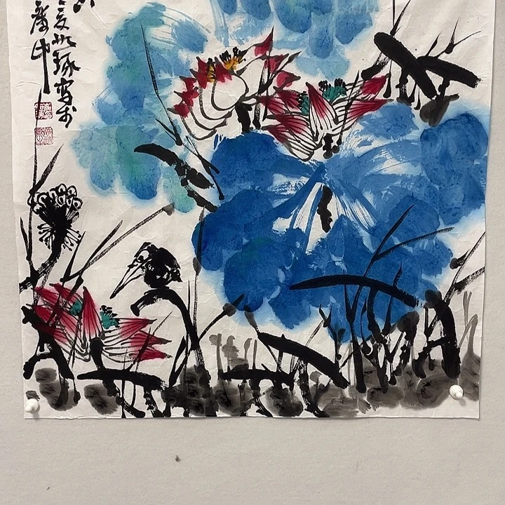 沃***雅横款崔老师斗方蓝荷