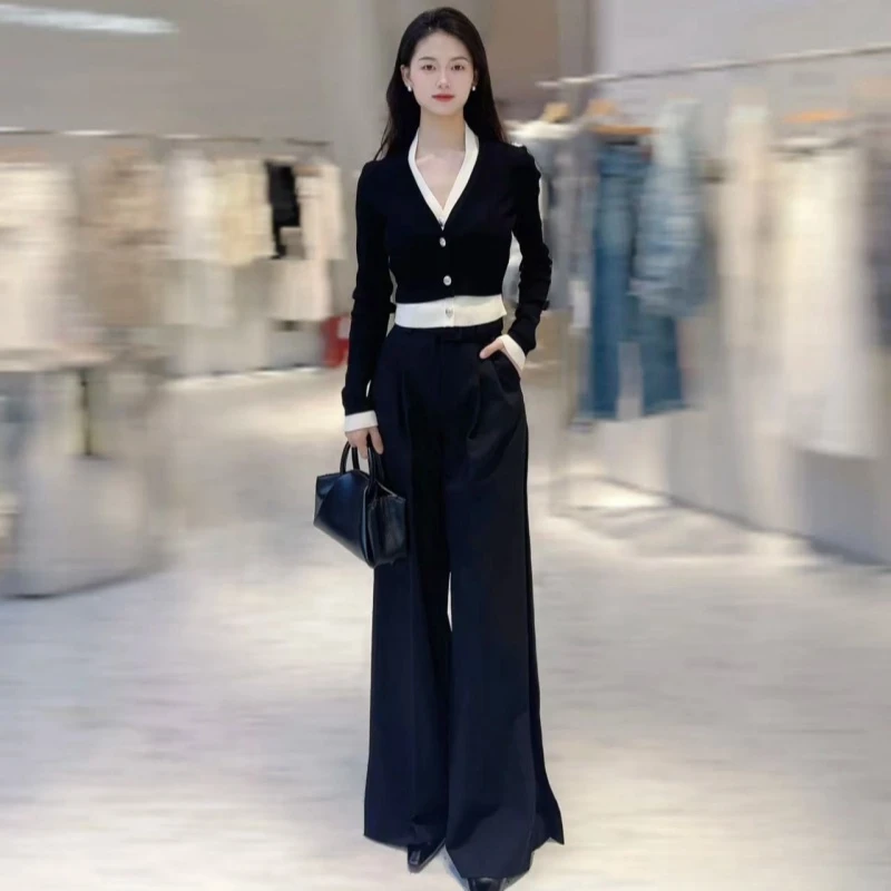 艾家2025春装新款裤子女气质百搭阔腿显瘦高腰直筒宽松休闲裤3002