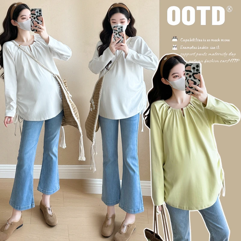 孕妇装春季新款显瘦抽绳设计感长袖T恤宽松简约洋气时尚打底上衣