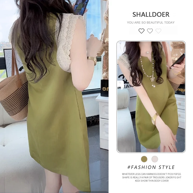 韩版V领蕾丝拼接连衣裙女生2025年夏季新款小众洋气中长款裙子潮