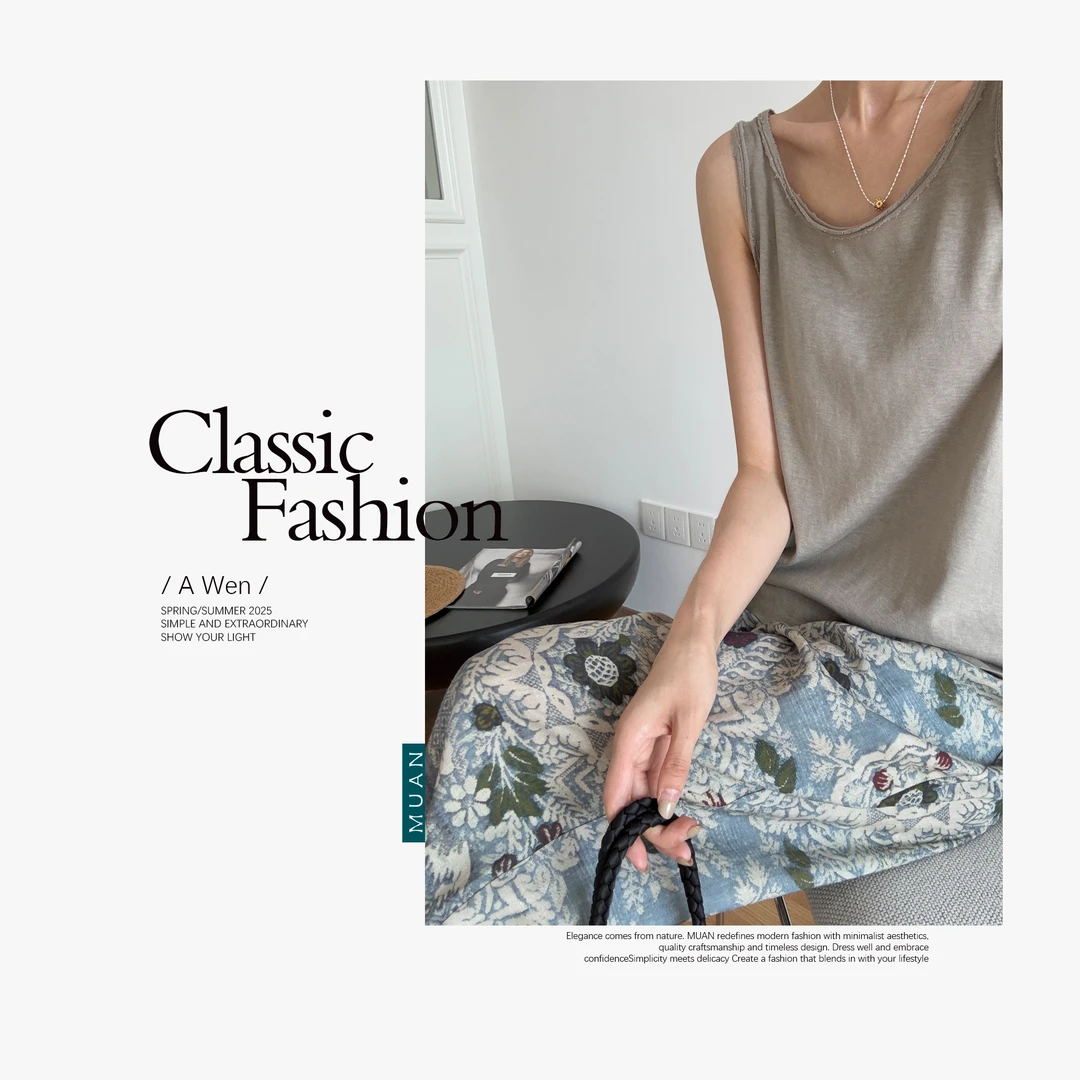 毛毛：《梵高油画裤》定制法式油画亚麻印花宽松长裤女YJ-23905