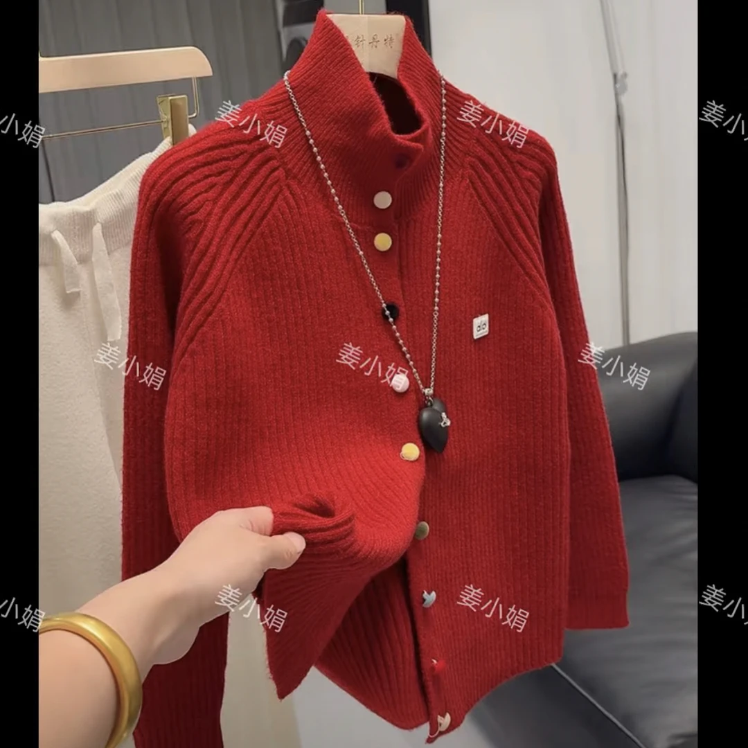 千 立领彩色包扣2025秋季新款针织开衫毛衣软糯高级感上衣女