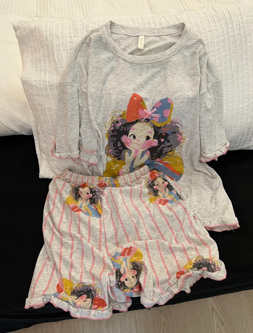 韩版睡衣女夏漫画风凉感高级设计感慵懒可爱短袖欧若风家居服套装