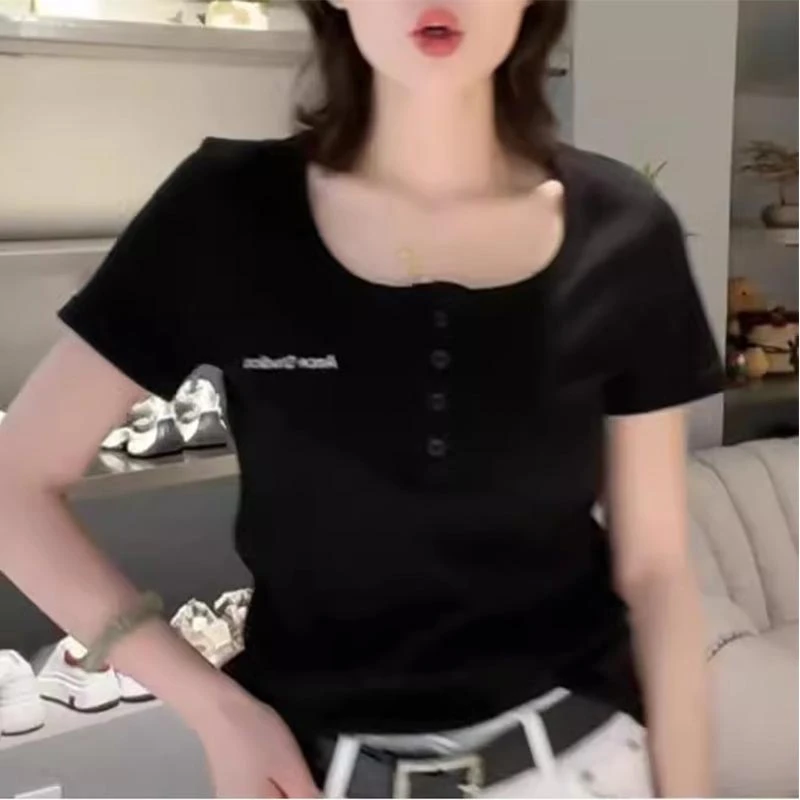 香朵儿时尚洋气小众打底上衣女2025夏季新款美式显瘦正肩U领短袖