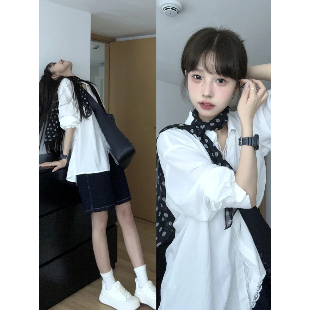 parkyeon韩系复古纯色蕾丝拼接长袖衬衫女春夏季新款五分裤套装