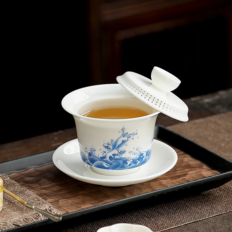 羊脂玉瓷悬停旋转三才盖碗茶杯家用大容量功夫茶具泡敬茶碗不烫手