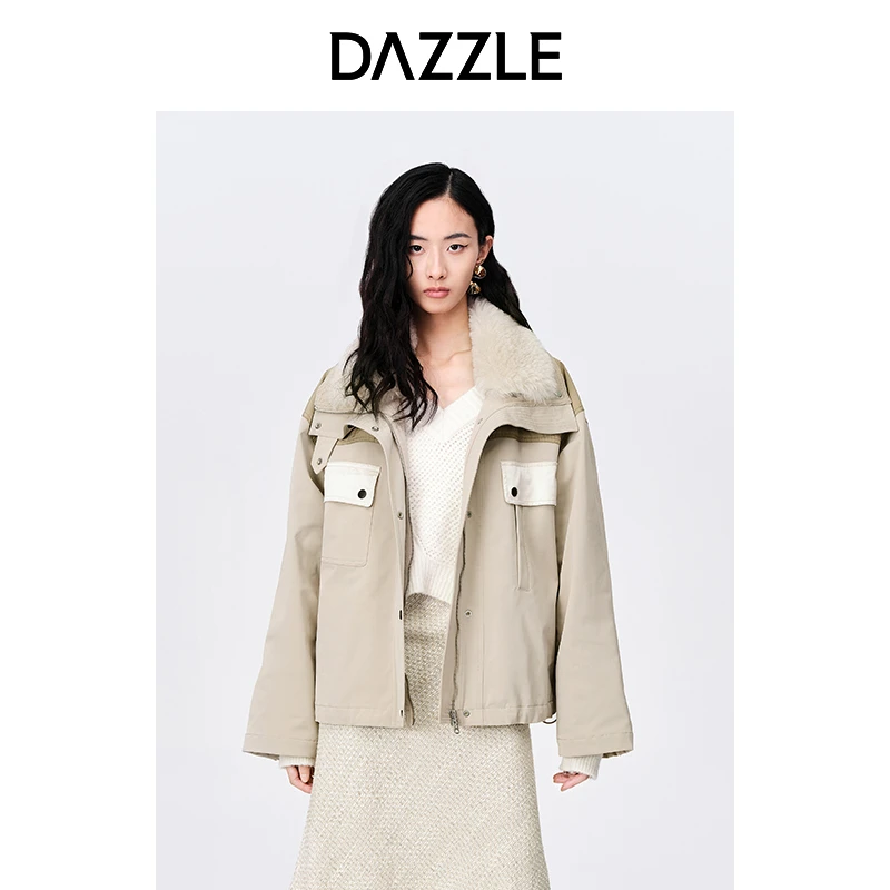 DAZZLE地素休闲工风撞色羊皮毛领棉服外套派克服女2E4H30