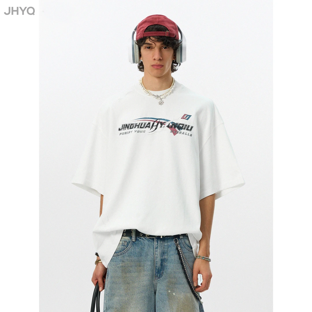 【JHYQ】夏季街头圆领做旧国潮上衣吸汗舒适短袖T恤印花宽松短袖552