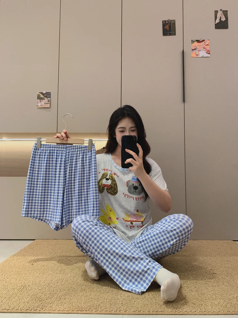 夏季短袖莫代尔女睡衣带胸垫夏天新款可外穿家居服三件套