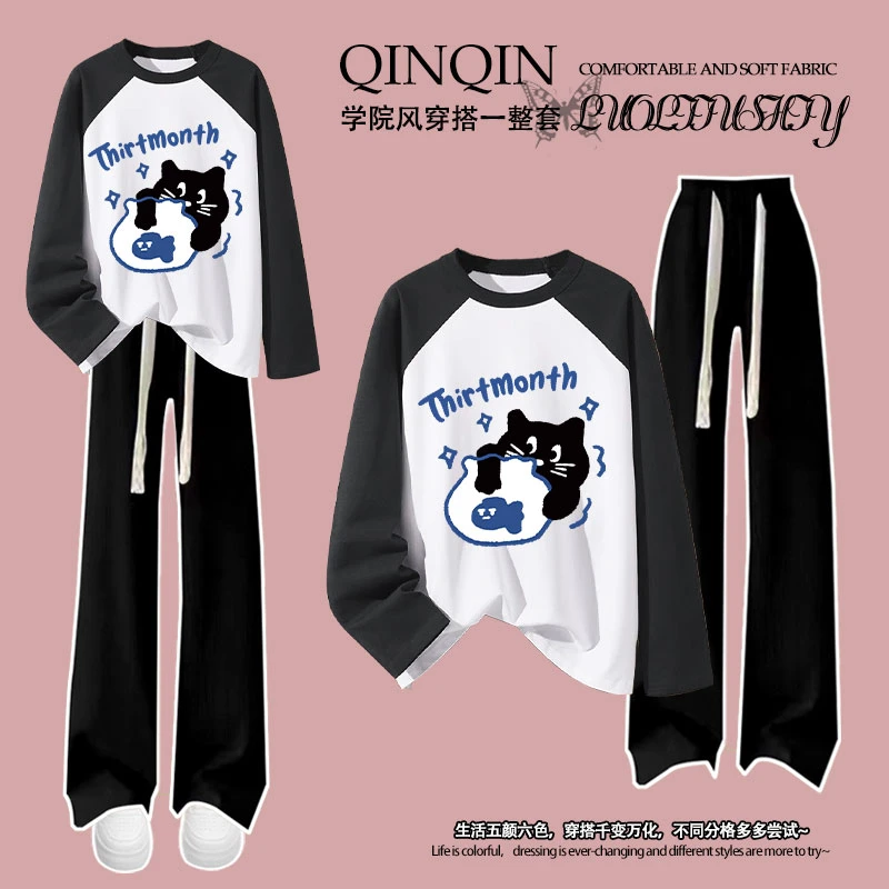 新款男女童秋装套装韩版洋气小猫印花插肩长袖长裤套装中大童上衣