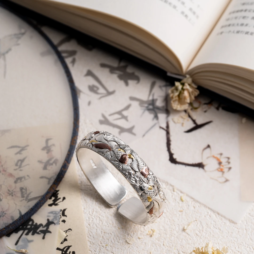 足银手镯 金鱼满堂足银手镯999荷塘月色精致錾刻经典开口约107g