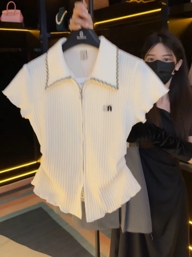 小香风Polo领短袖针织衫女2025夏季新款别致小众修身显瘦褶皱上衣