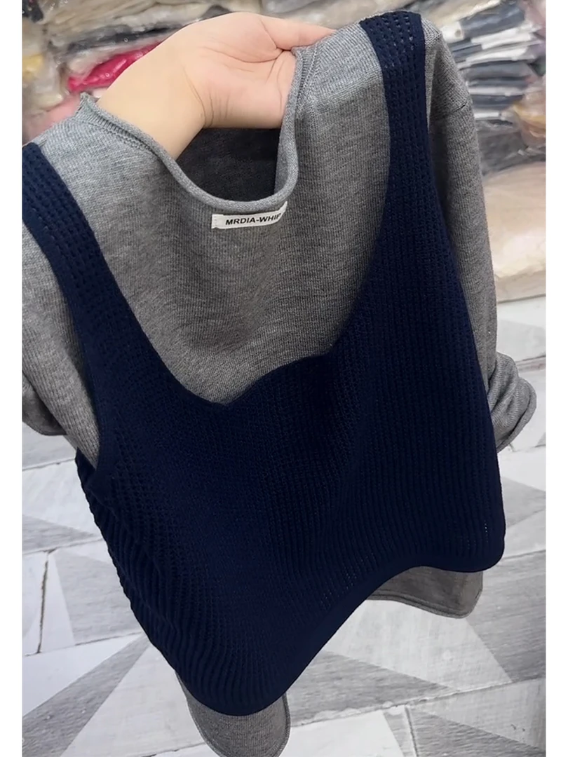 韩式长袖圆领拼色假两件女2025早秋简约开始时尚休闲百搭优雅上衣